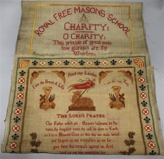Three 19th century embroidered linen samplers relating to the Royal Freemasons School for Female Children (unframed)